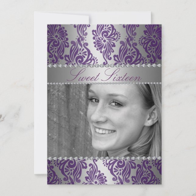 Purple Photo Floral Imprimer Sweet 16 invitation d (Devant)