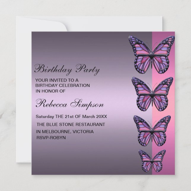 Purple & Pink Butterfly Invitation d'anniversaire (Devant)