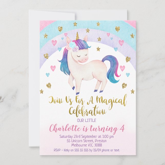 Purple Pink Gold Unicorn Invitation Anniversaire (Devant)