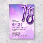 Purple Pink Holo 18ème anniversaire Invitation<br><div class="desc">Oozing avec glamour, ce design d'anniversaire rêveur incarne l'essence de l'élégance moderne, tandis que le texte art déco et la typographie chromée brillante apportent une touche rétro. Le design est trempé dans des teintes violettes et roses avec un arrière - plan bokeh fascinant qui ajoute un soupçon de magie et...</div>