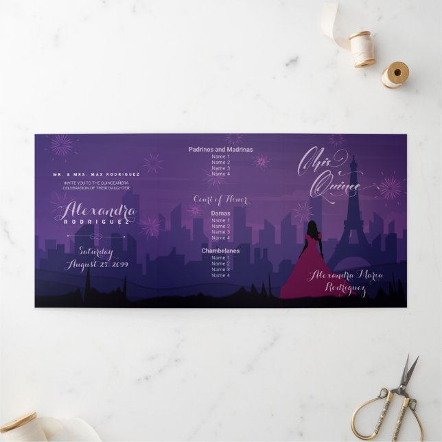 Purple Pink Paris Fireworks Quinceañera Tri-Fold I (Extérieur)
