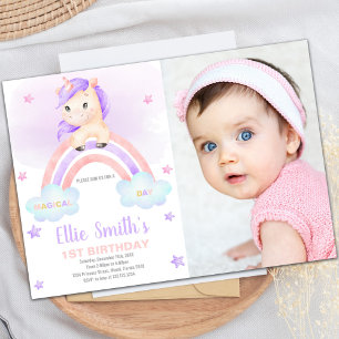 Purple Pink Rainbow Unicorn Invitations avec photo