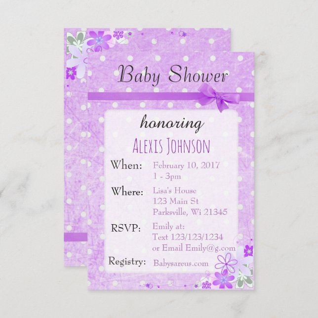 Purple Polka Dot Bow Girl Baby Shower Invitations (Devant / Derrière)