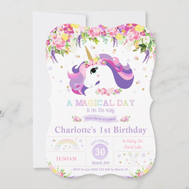 Purple Rainbow Unicorn 1er Anniversaire Invitation (Devant)