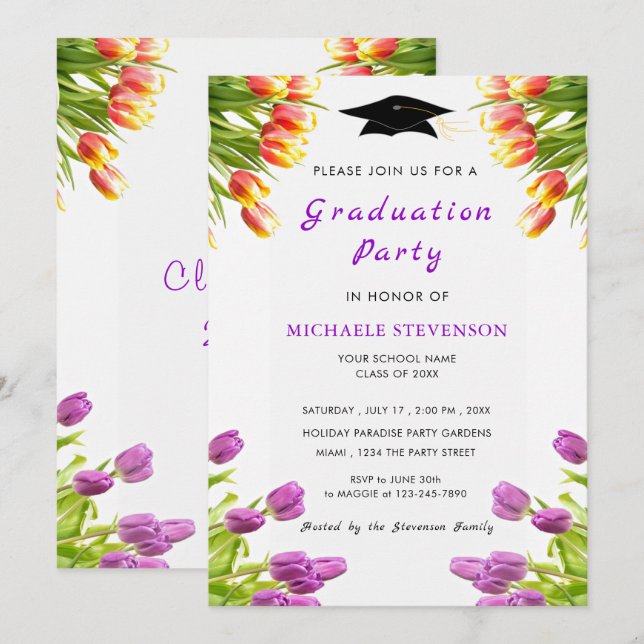 Purple Red Tulips Graduation Party Invitation (Devant / Derrière)