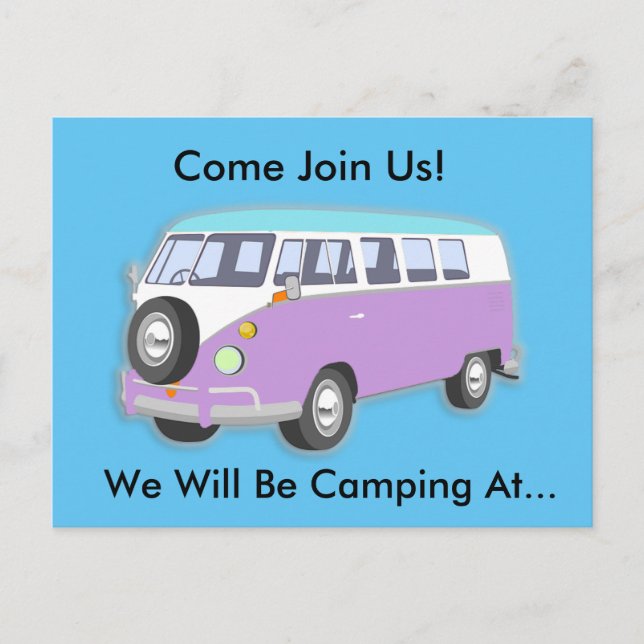 Purple Retro Van Camping Trip Invitation Carte pos (Devant)