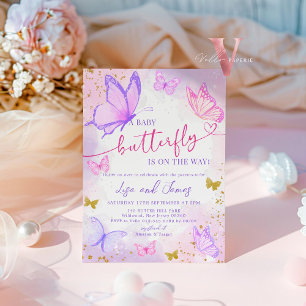 Purple rose Baby shower papillon d'or Invitation