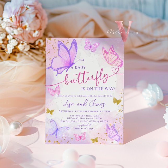 Purple rose Baby shower papillon d'or Invitation (Créateur téléchargé)