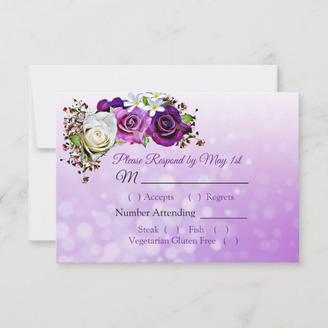 Purple Rose Bouquet Bokeh Wedding Carte RSVP (Devant)