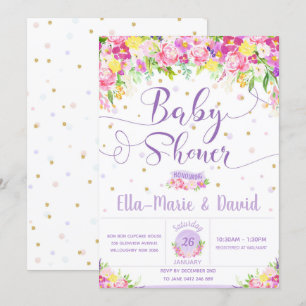 Purple rose Floral Baby Shower Invitations Fille