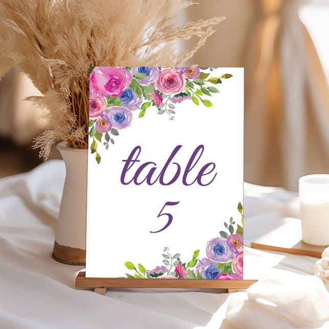 Purple Rose Floral Numéro de table (Pink and purple watercolor floral special event table number template)