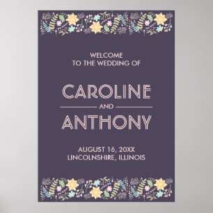 Purple rose moderne Mariage Affiche de bienvenue