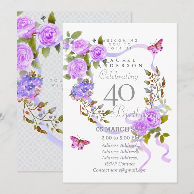 Purple Rose Ribbon 40th  Birthday Invitation (Devant / Derrière)