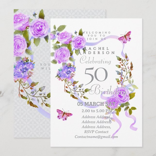 Purple Rose Ribbon 50th  Birthday Invitation (Devant / Derrière)