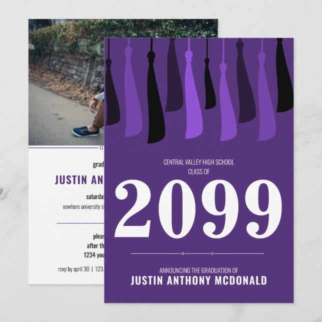 Purple Row of Tassels Photo Graduation Invitation (Devant / Derrière)