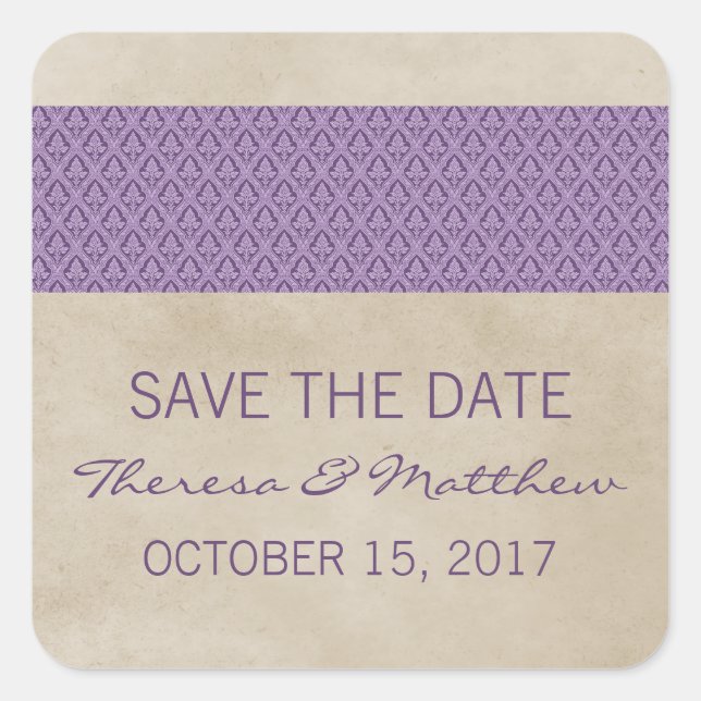 Purple Rustic Damask Enregistrer les stickers Date (Devant)