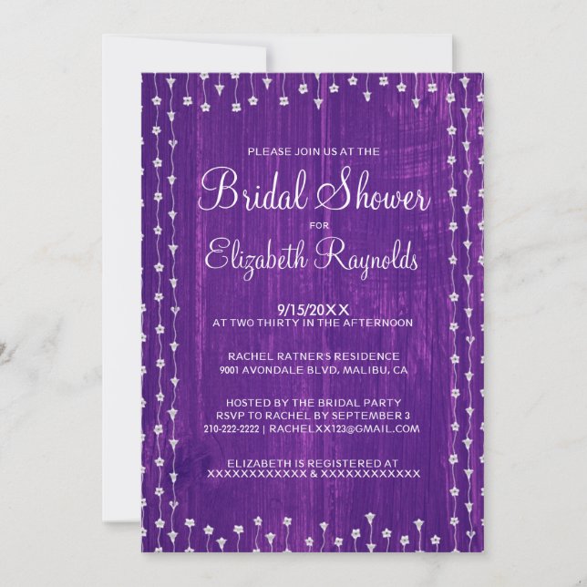 Purple Rustic Pays Bridal Invitations De Douche (Devant)