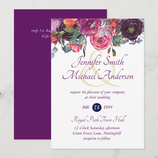 Purple Sage Orange Rose Floral Invitations de mari (Devant / Derrière)