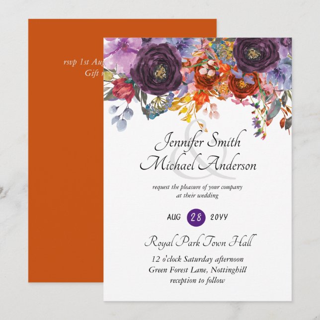 Purple Sage Orange Rose Floral Invitations de mari (Devant / Derrière)
