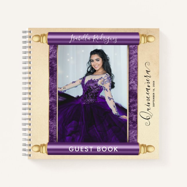 Purple Scroll Photo Budget Quinceañera Livre d'or (Devant)