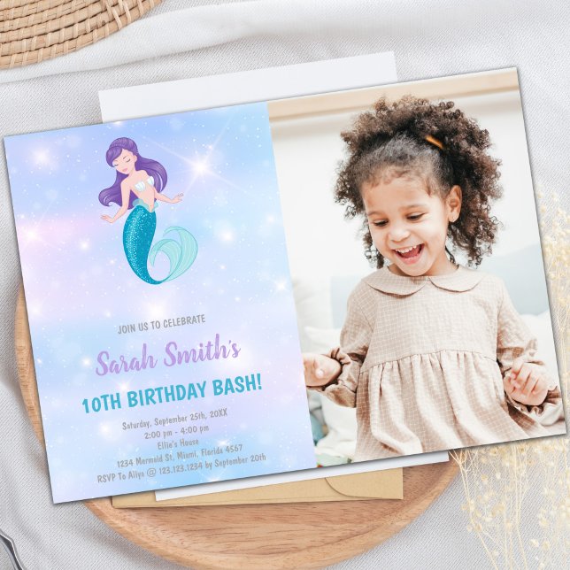 Purple Shine Mermaid Invitations d'anniversaire (Purple shine Mermaid Birthday Invitations w Photo)