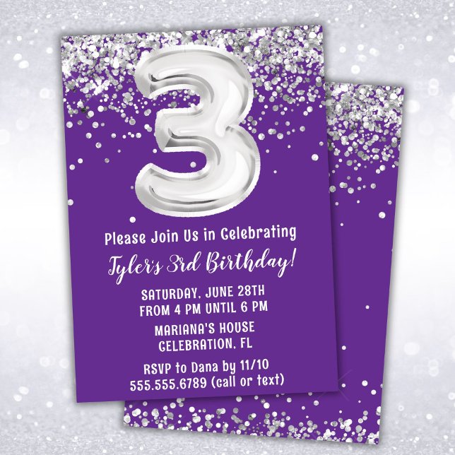 Purple Silver 3ème anniversaire de fête Invitation (Créateur téléchargé)