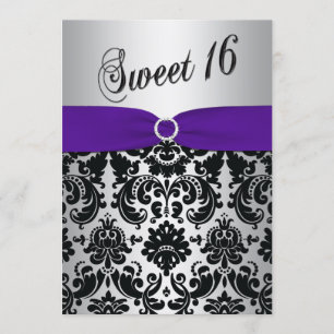 Purple, Silver, Black Damask Sweet 16 Invitation