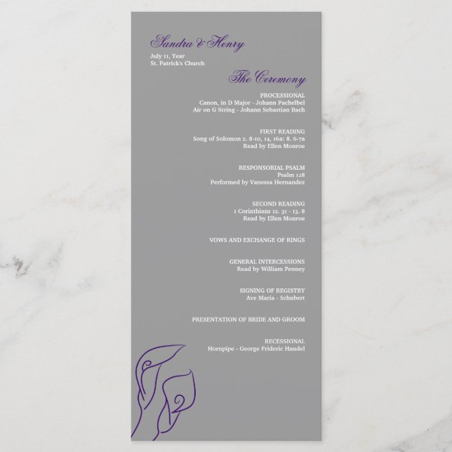 Purple & Silver Calla Lilies Programme de mariage (Devant)