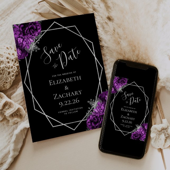 Purple Silver Floral Geometric Black Save the Date (Créateur téléchargé)