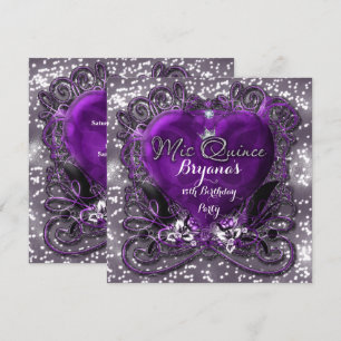 Purple & Silver Heart Mis Quince 15e Invitation