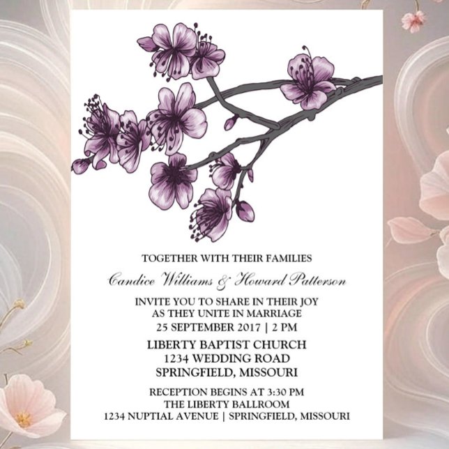 Purple Simple Cherry Blossoms Mariage Invitation (Purple Simple Cherry Blossom Wedding Invite)