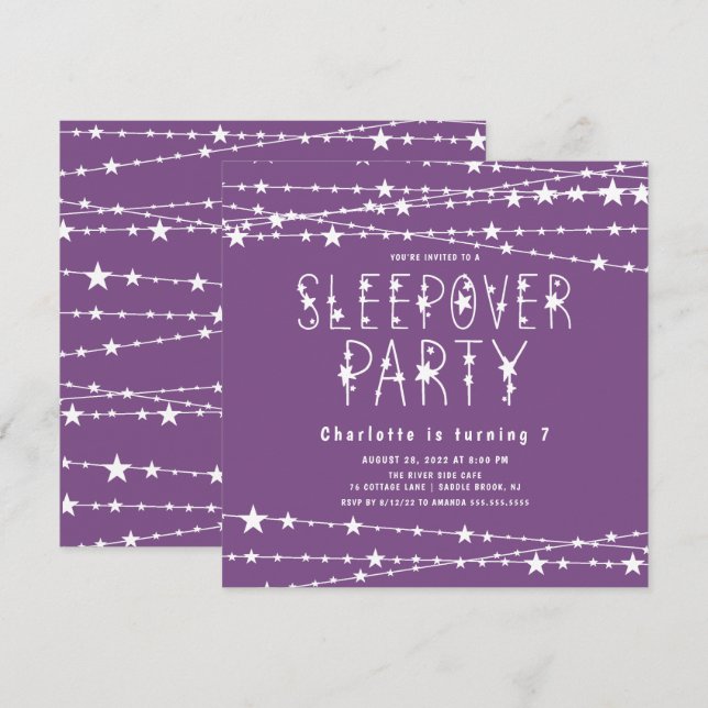 Purple Sleepover Anniversaire Fête Invitation (Devant / Derrière)