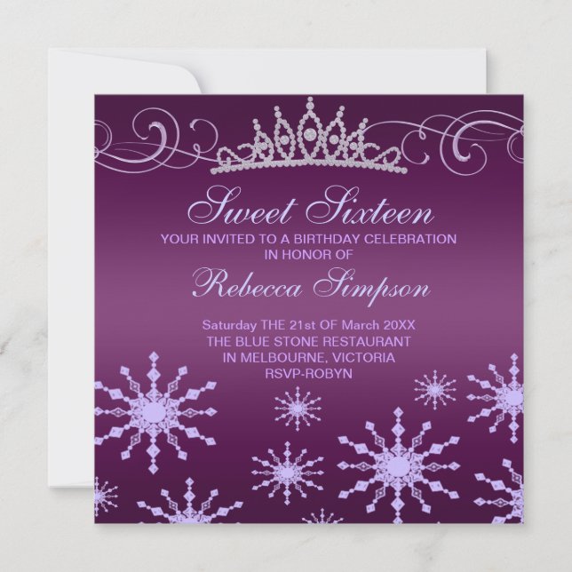 Purple Snowflake & Tiara Design Invitation d'anniv (Devant)