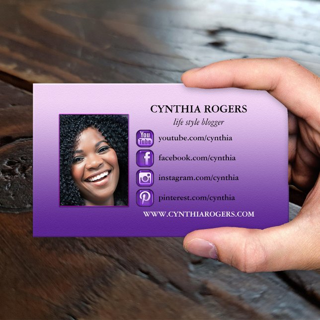 Purple Social Media Icons Carte de visite photo (A modern business card showing your own photo framed by a purple design with social media icons)