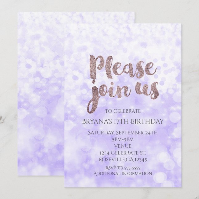 Purple Sparkle Glam Invitations de fête d'annivers (Devant / Derrière)
