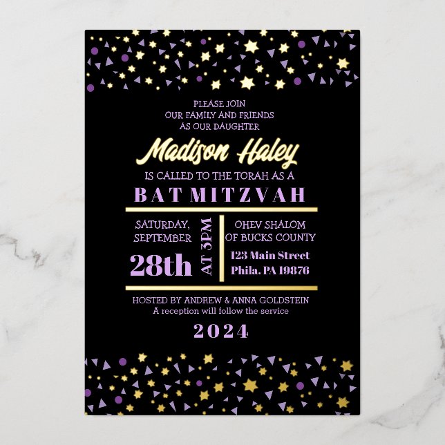 Purple Stars Bar Bat mitzvah Invitation Gold Inlay (Recto)