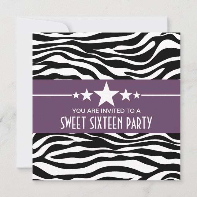 Purple Stars Zebra Print Sweet 16 Invitation (Devant)
