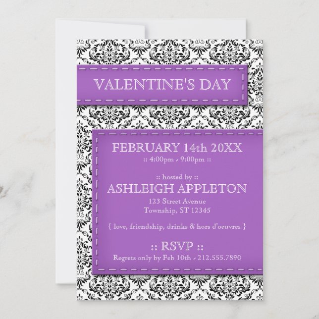 Purple Stitched Damask Valentine's Day Invitations (Devant)