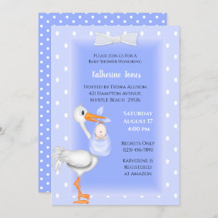 Purple Stork and Baby Boy Shower Invitations