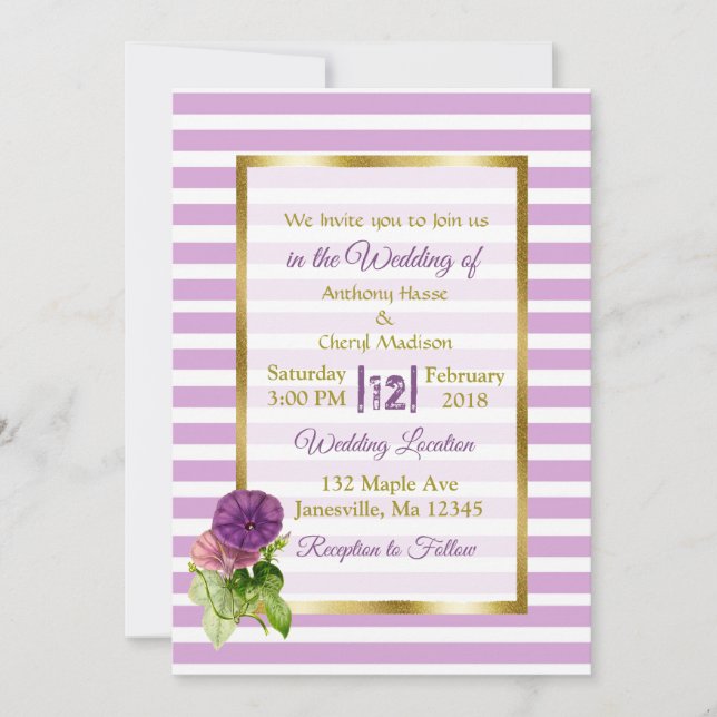 Purple StripePetunias et Gold Wedding Invitations (Devant)