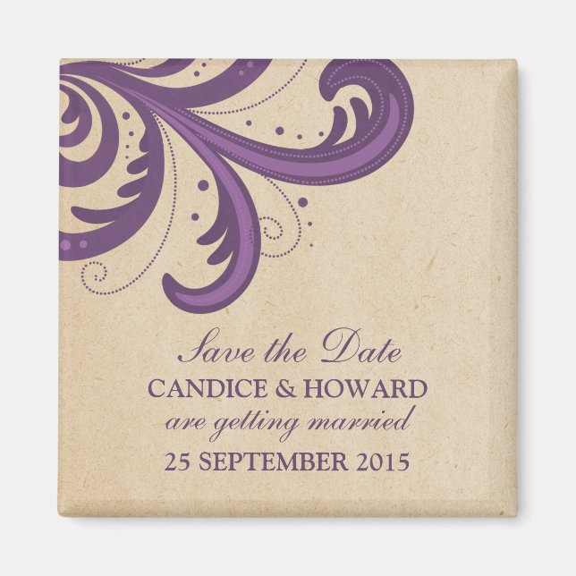 Purple Stylish Swirls Save the Date Magnet (Devant)