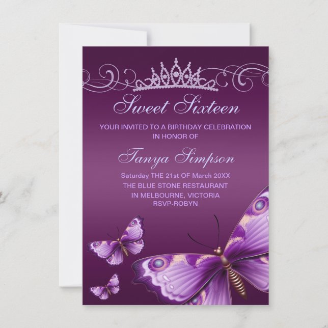 Purple Sweet16 Papillon et Invitation d'anniversai (Devant)