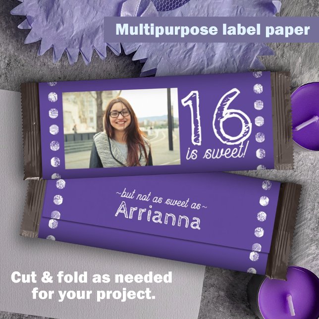 Purple Sweet 16 Anniversaire Candy Bar Wrapper (Purple personalized candy bar label, sweet 16 chocolate bar wrapper customized party candy )