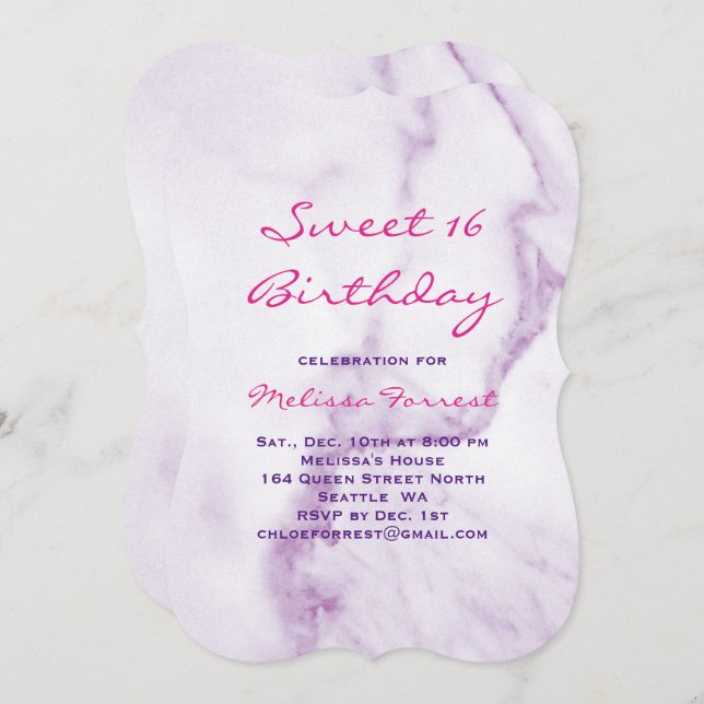 Purple Sweet 16 Marbre Anniversaire Invitation (Devant / Derrière)