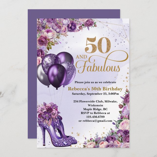 Purple talons hauts 50e anniversaire Invitation (Devant / Derrière)