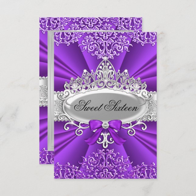 Purple Tiara & Damask Sweet sixteen Invitation (Devant / Derrière)