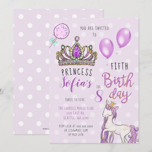 Purple Tiara Princess Horse Invitations d'annivers (Devant / Derrière)