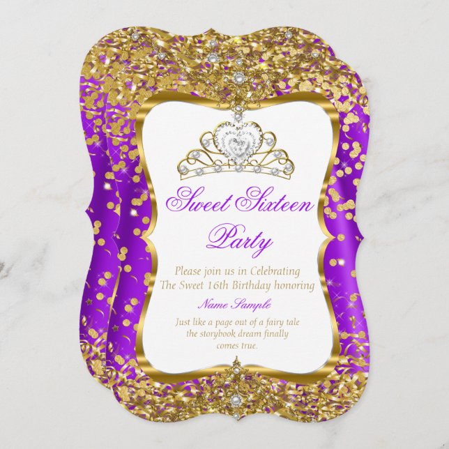 Purple Tiara Princess Sweet 16 Or Blanc Invitation (Devant / Derrière)