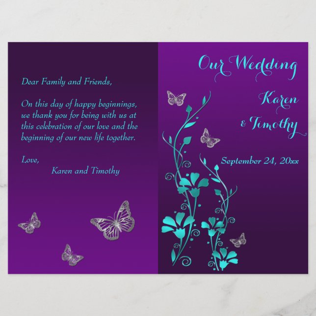 Purple Turquoise Butterfly Floral Wedding Programm (Devant)