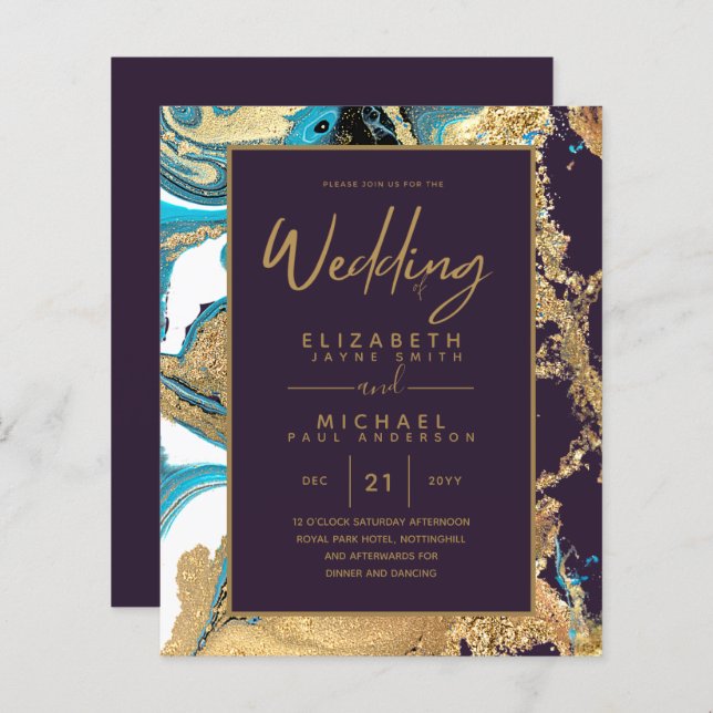 Purple Turquoise Or Agate Budget Mariage Invite (Devant / Derrière)